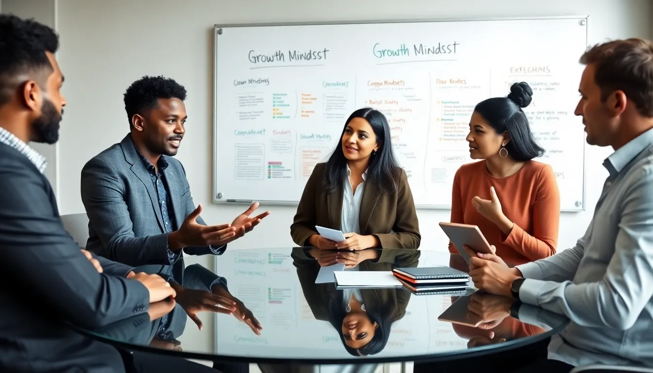 diverse professionals in a modern office discussing growth mindset concepts.
