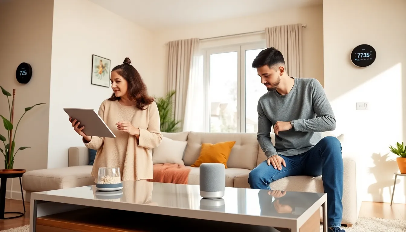 family using smart devices in a modern living room.