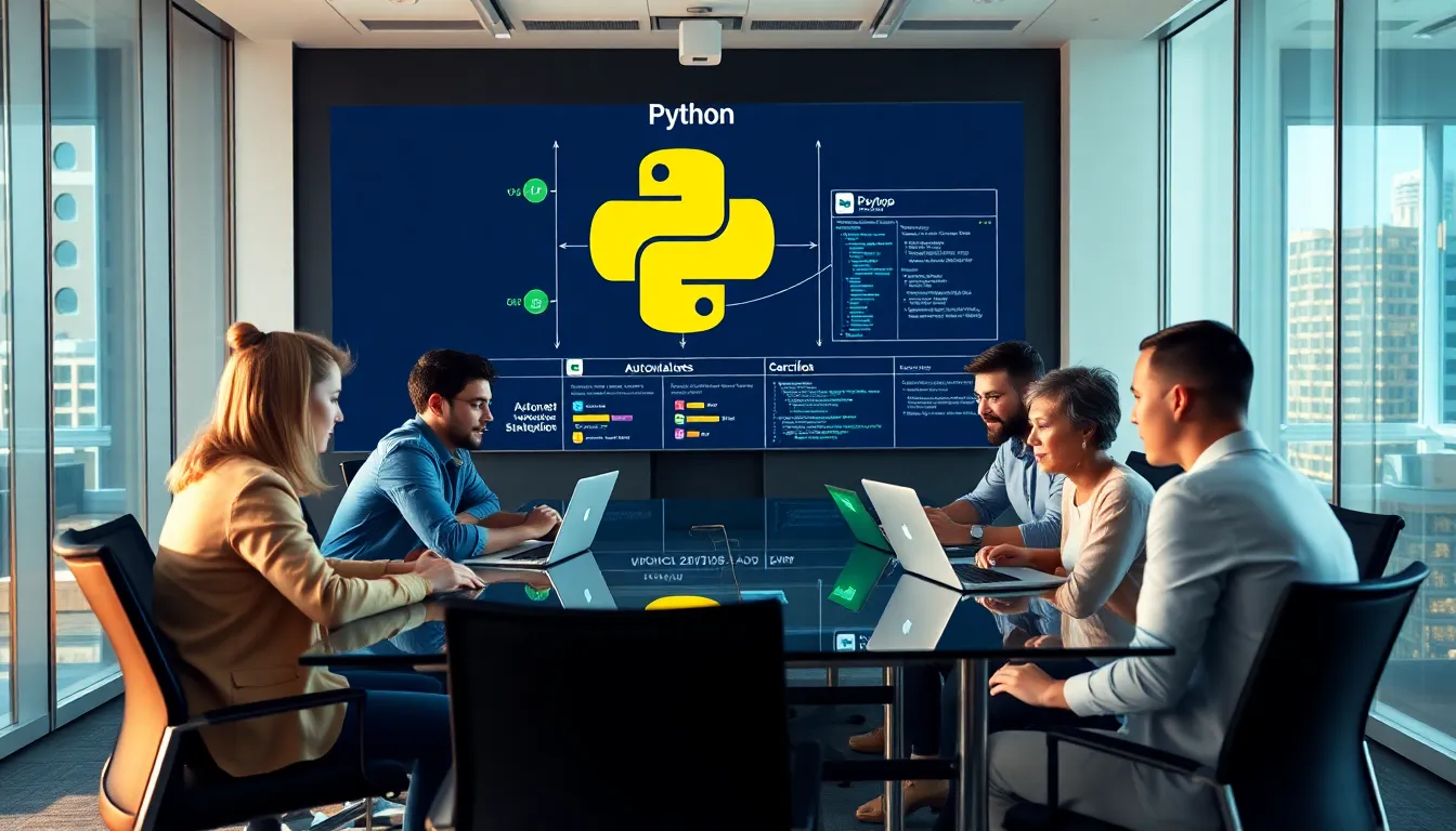 diverse IT team collaborating in a modern office on DevOps projects.