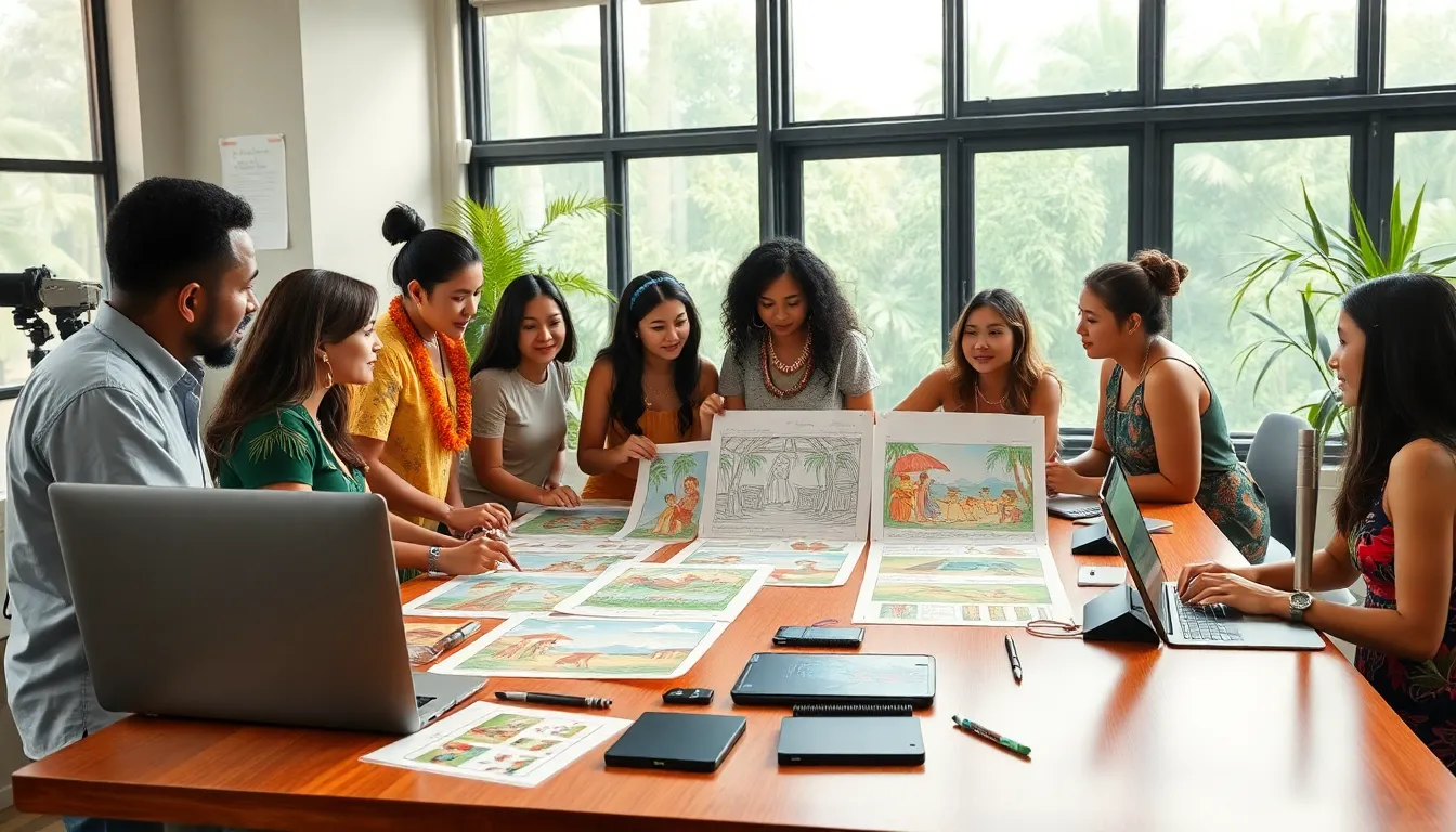 diverse animation team collaborating on Polynesian-inspired storyboards.