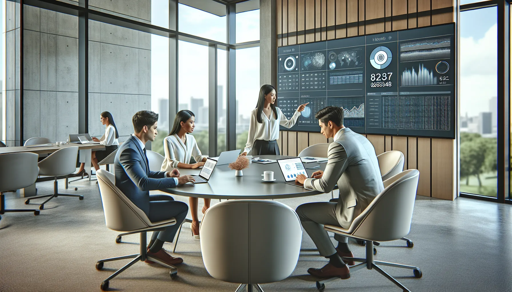 professionals discussing data analysis in a modern office.