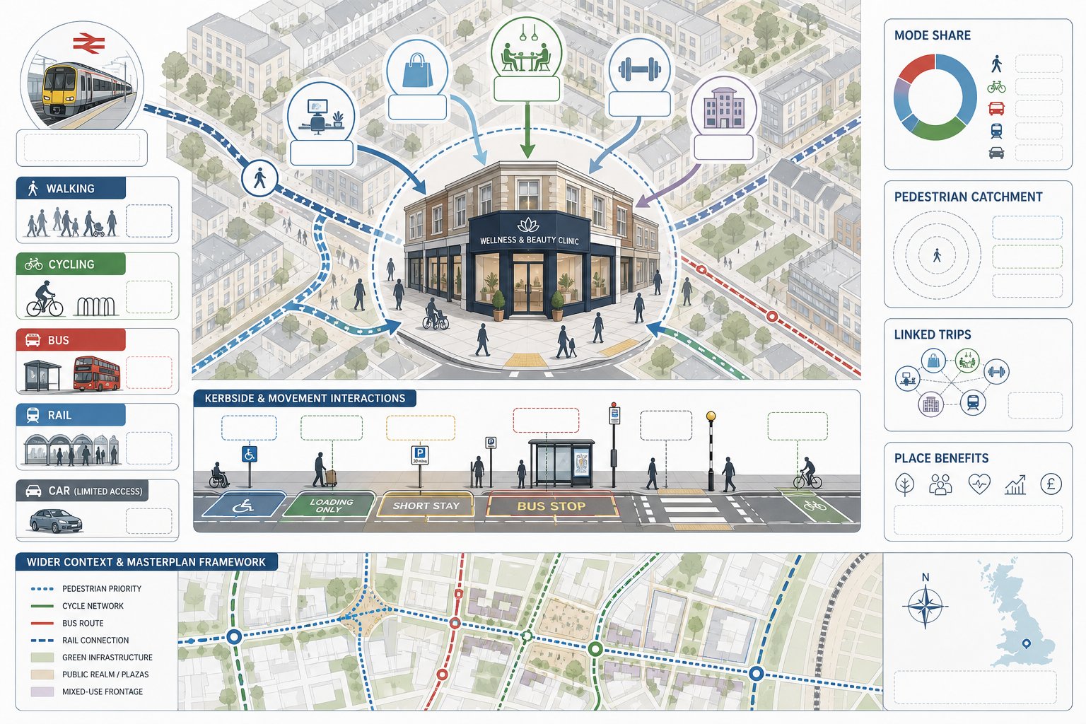 Infographic of clinic transport patterns in a busy UK high street setting.