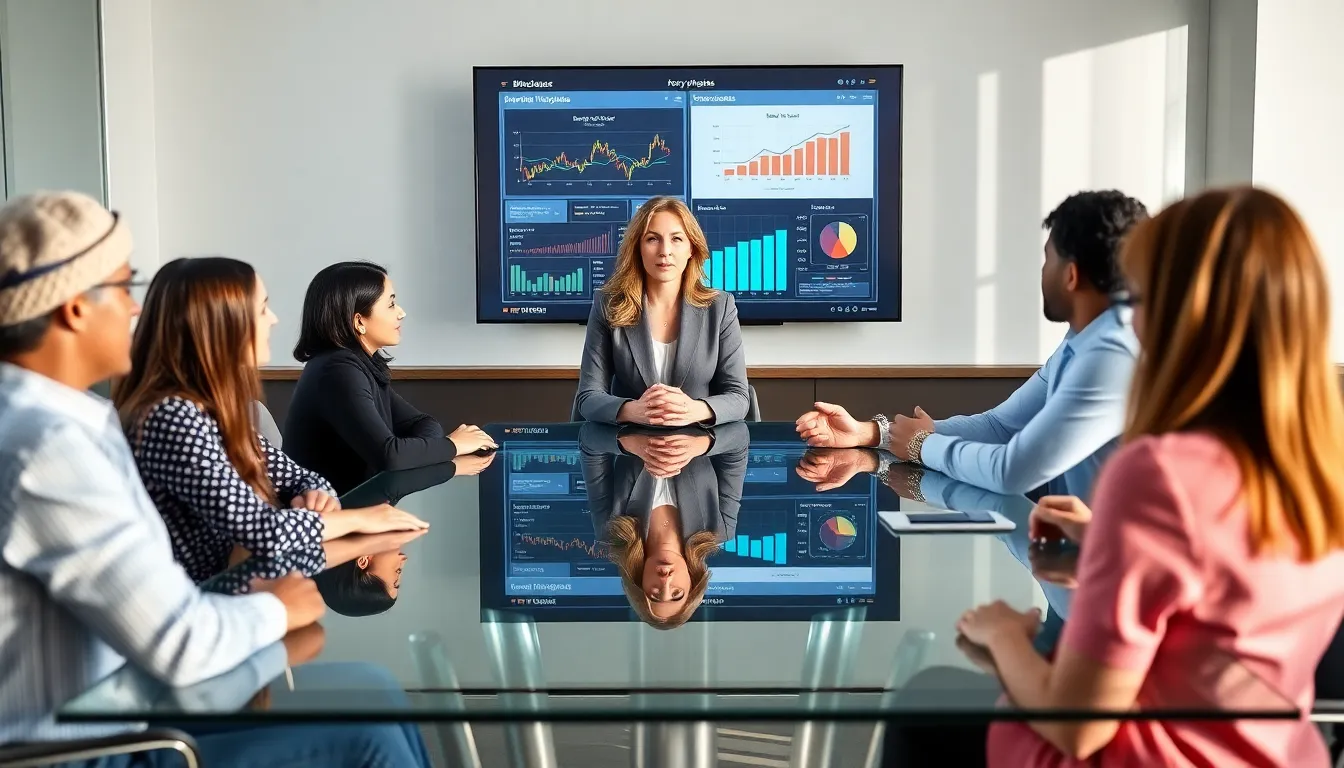 Stacy Klinger leading a team meeting in a modern office.