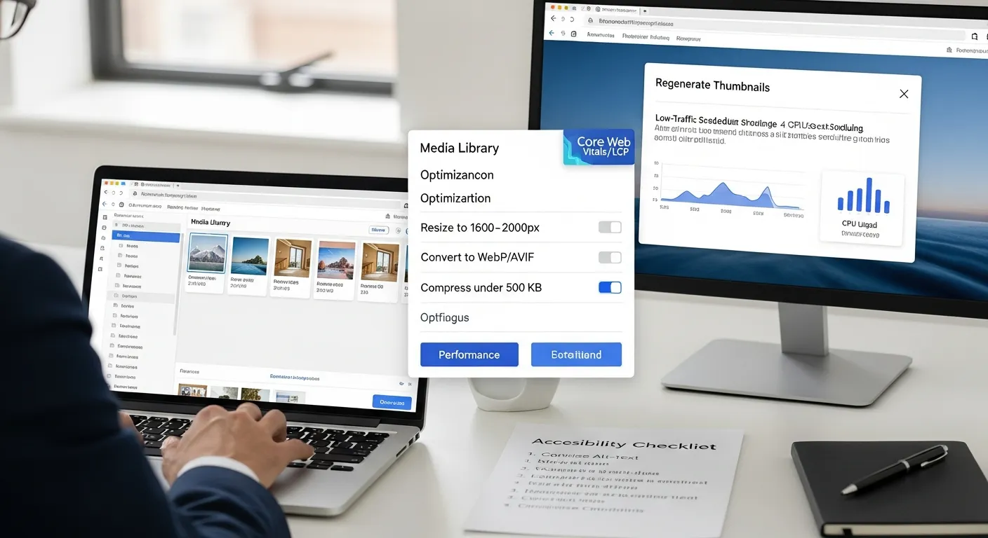 WordPress media manager screen showing image optimization, formats, and alt-text checklist.