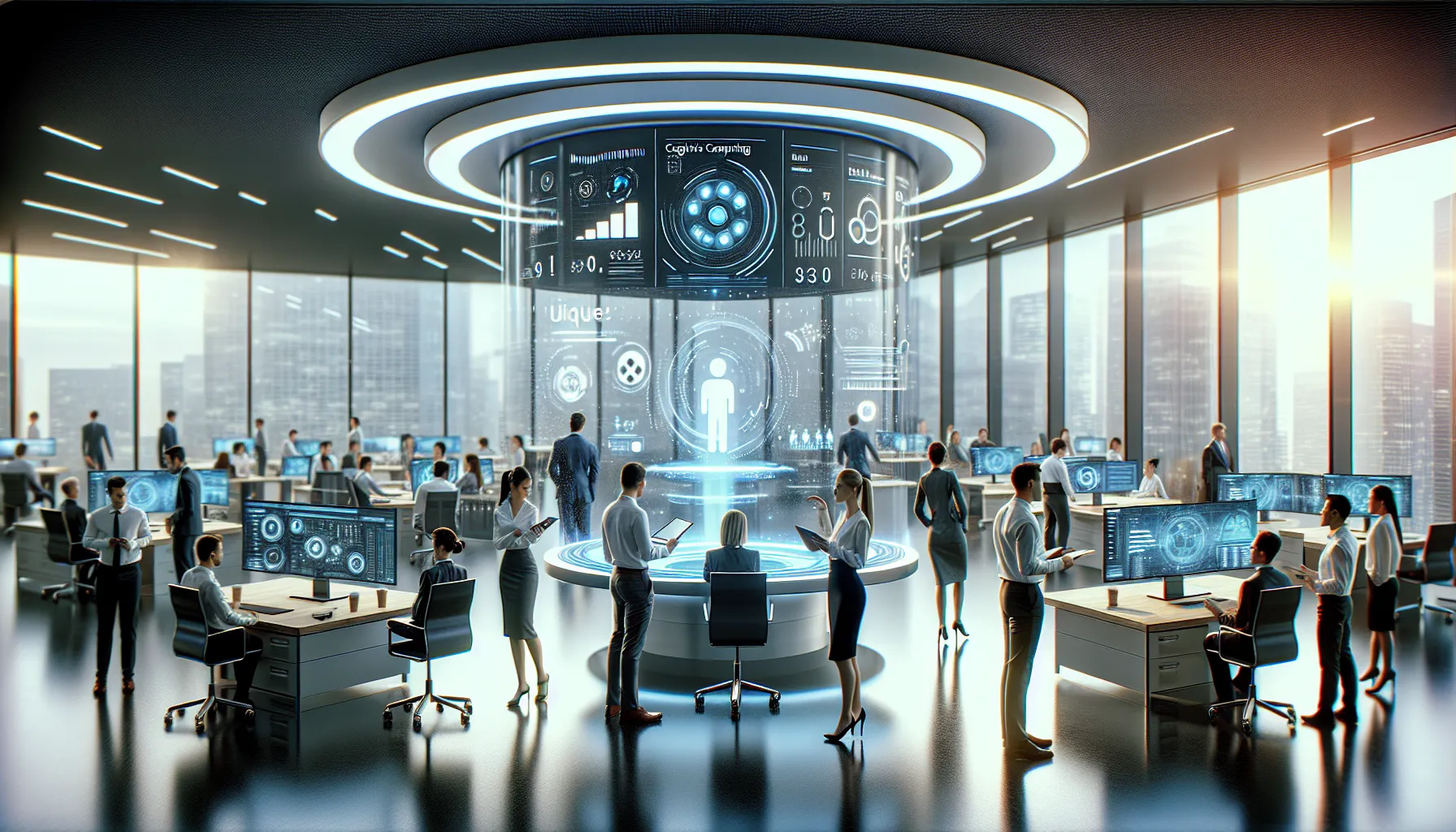 diverse professionals discussing future technology trends in a modern office.