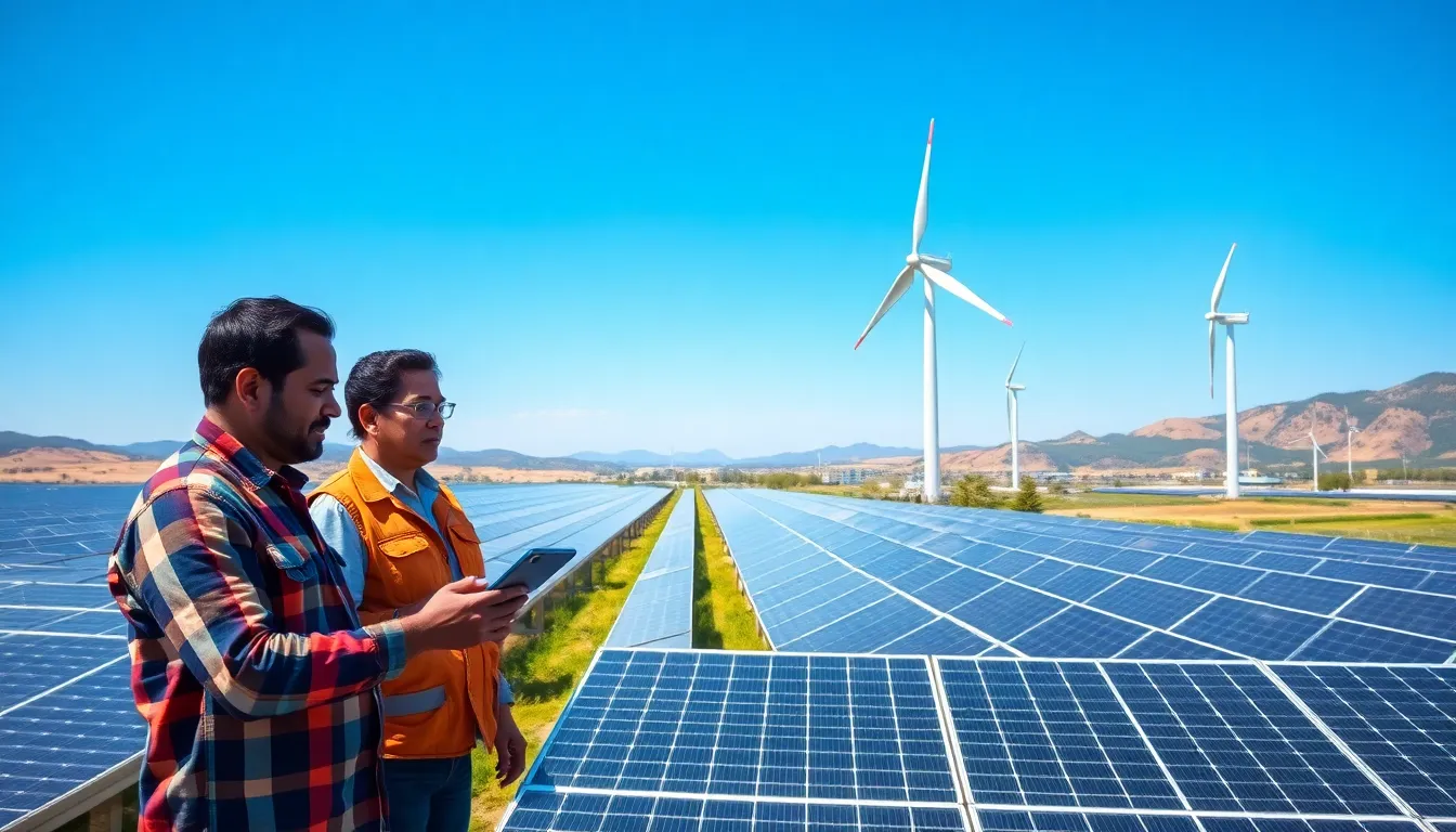 engineers discussing solar energy innovations at a solar farm in the U.S.