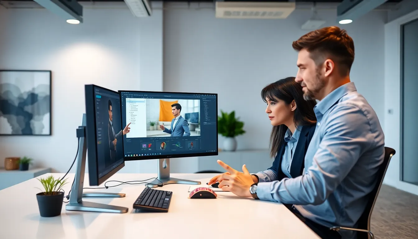 professionals collaborating over game character generation in a modern office.