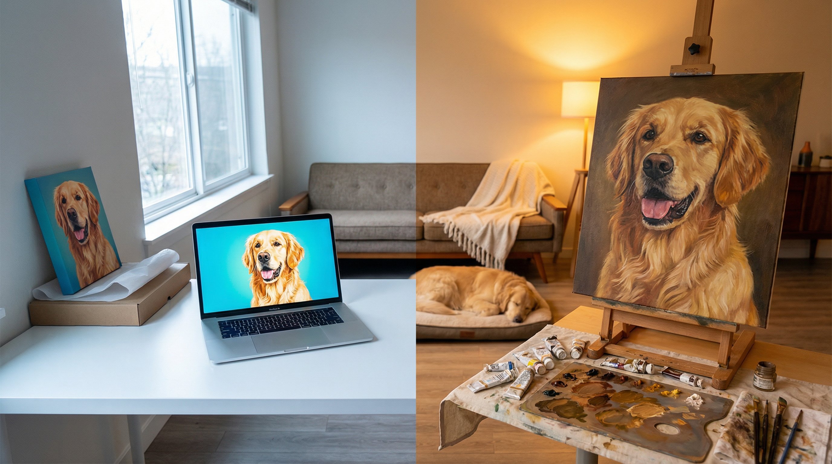 Side-by-side comparison of a digital and hand-painted canvas pet portrait in a living room.