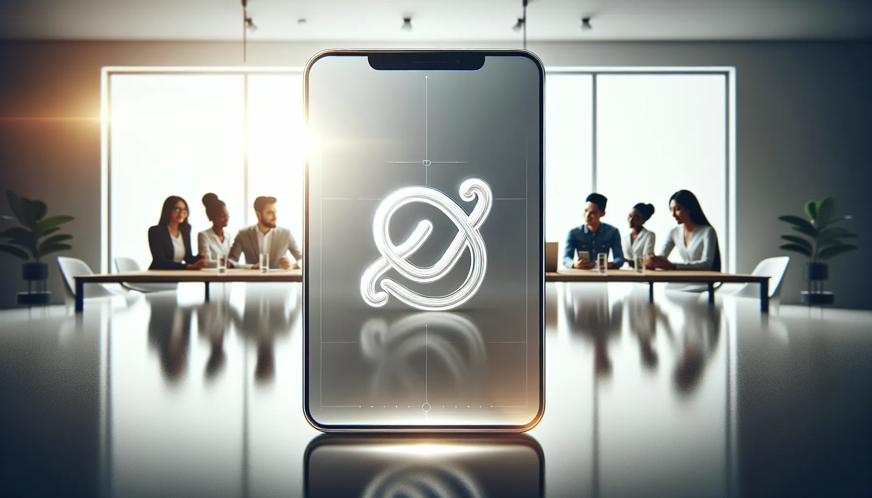 Lazada’s white logo on a smartphone in a modern workspace.