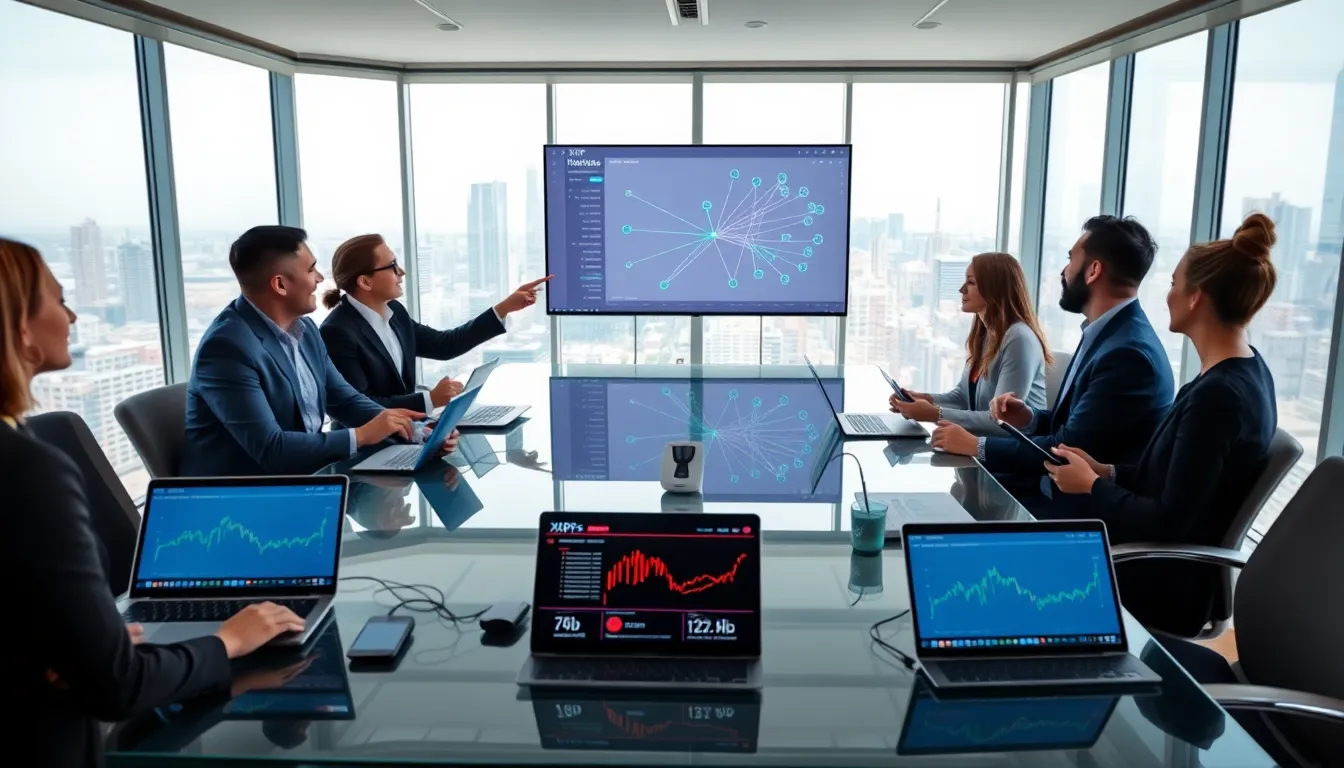 finance professionals discussing Ripple and cryptocurrency trends in a modern office.