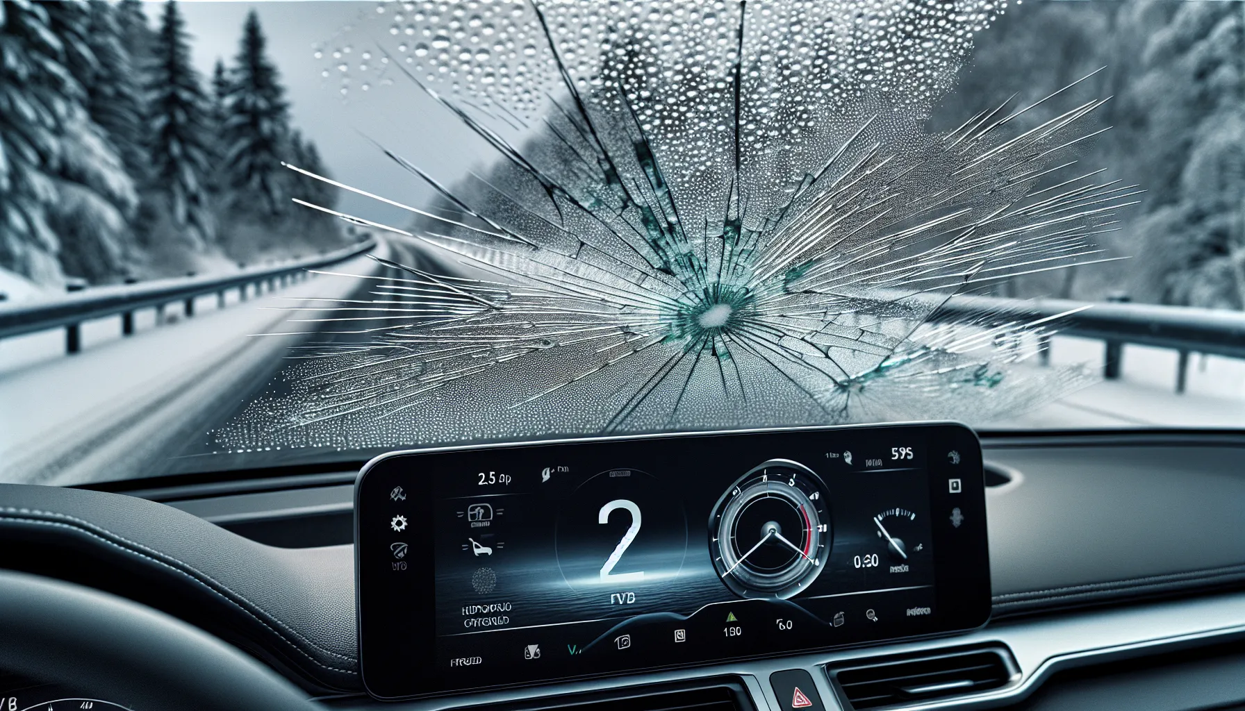 Norwegian car windshield with laminated crack, de-icing wires, and water beading.