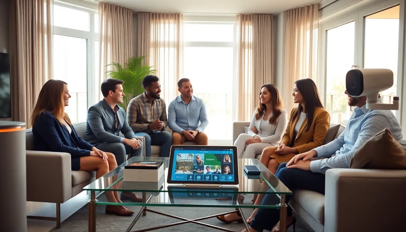 diverse team discussing smart home technology in a modern living room.