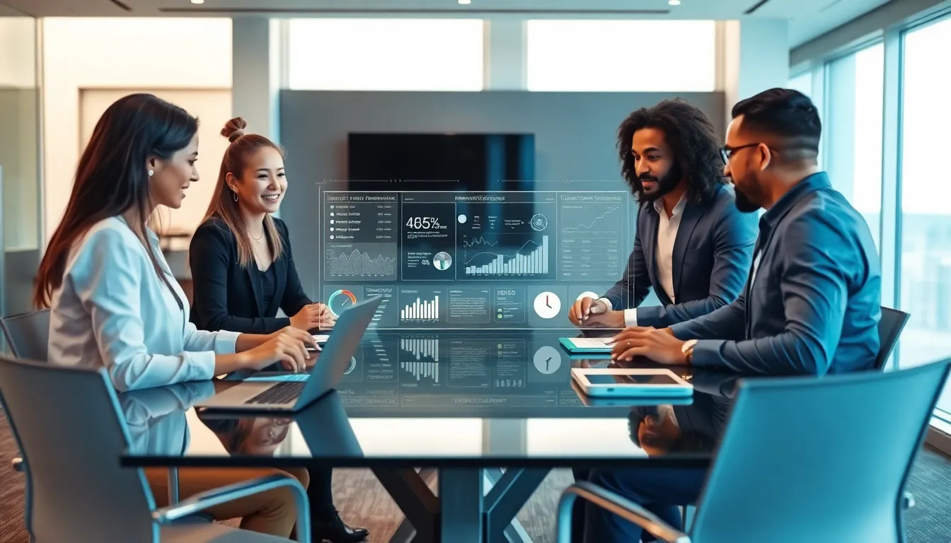 diverse team collaborating in a modern office with AI and augmented reality elements.