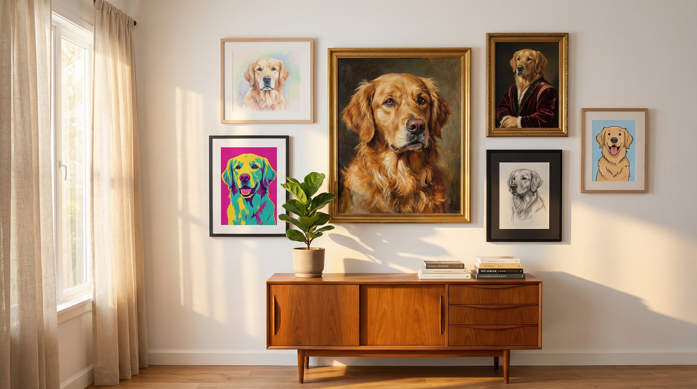 Gallery wall displaying various custom pet portrait styles of a golden retriever.