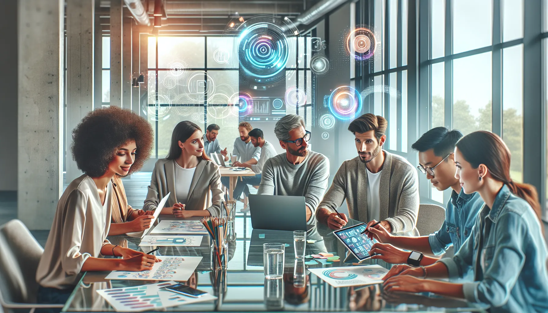diverse graphic designers collaborating in a modern office.
