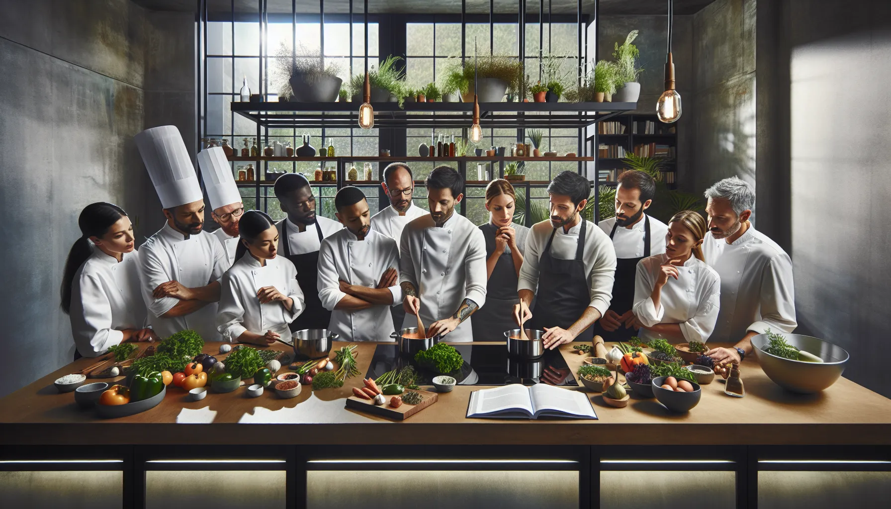 Chefs collaborating on Rasnkada preparation in a modern kitchen.