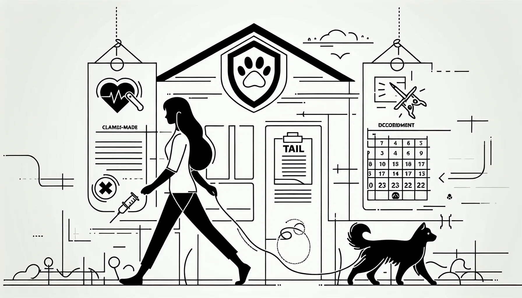 Veterinarian protected by a shield labeled “TAIL” walking from a clinic of Veterinary Tail Insurance Guide.