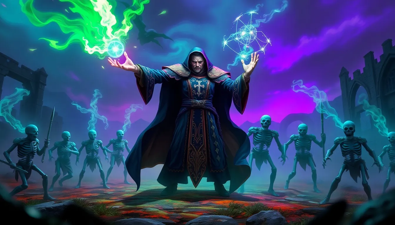 A necromancer summoning undead warriors in a fantasy battlefield.
