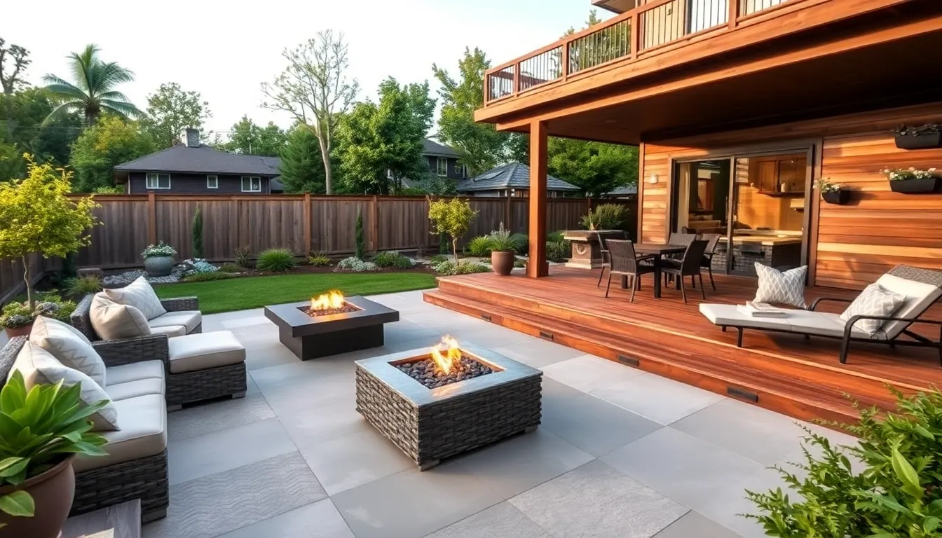 a stylish patio and deck combination in a serene outdoor setting.