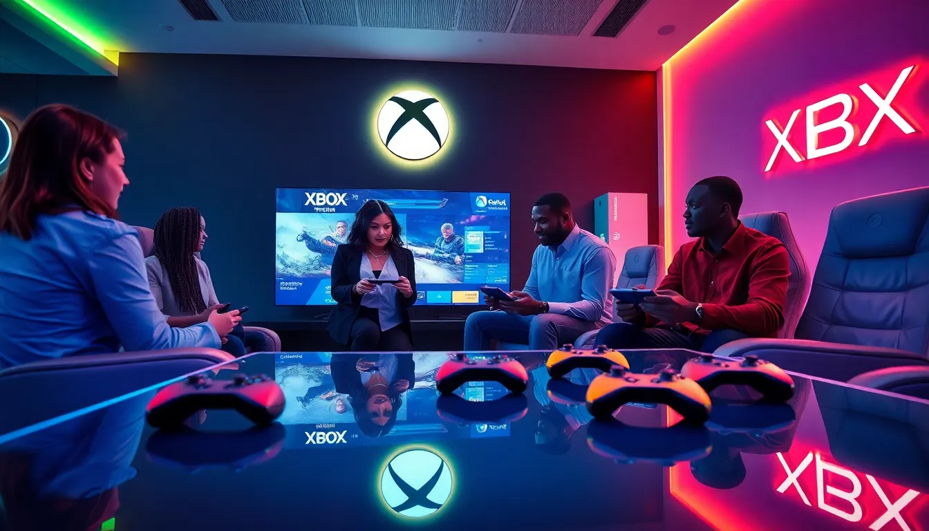 diverse gamers enjoying Xbox in a modern gaming lounge.