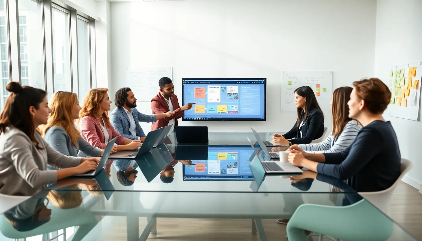 diverse team collaborating in a modern office, emphasizing DevOps principles.