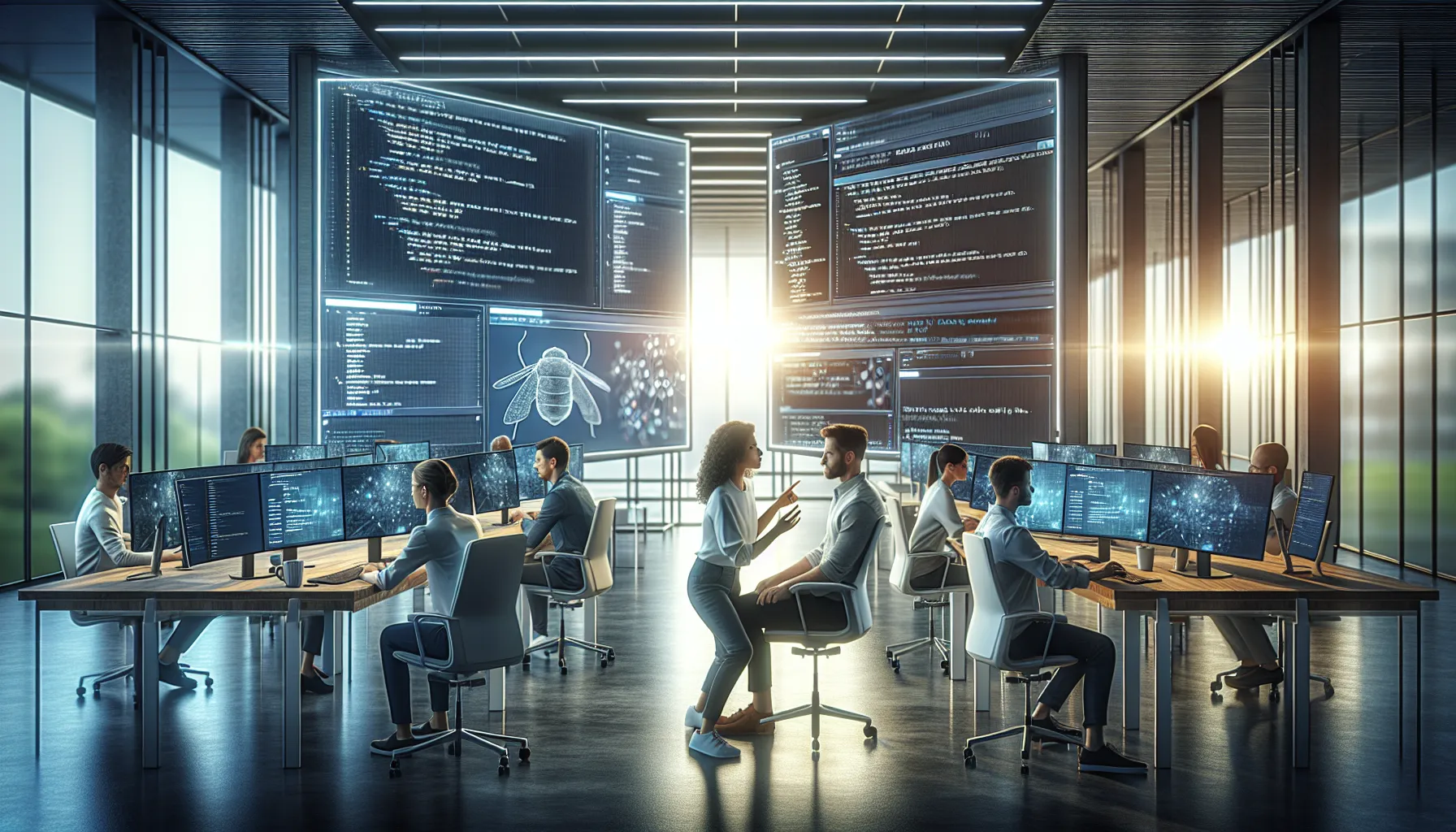 IT team discussing solutions for the Doayods bug in a modern office.