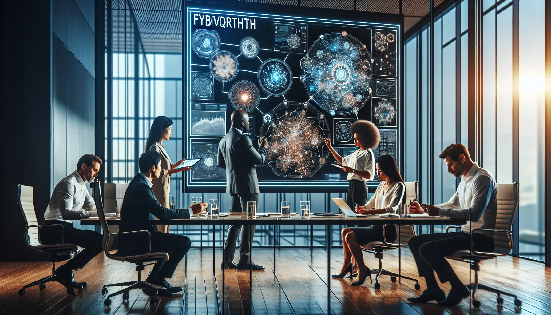 diverse team collaborating on Fybvtqrth concepts in an office.
