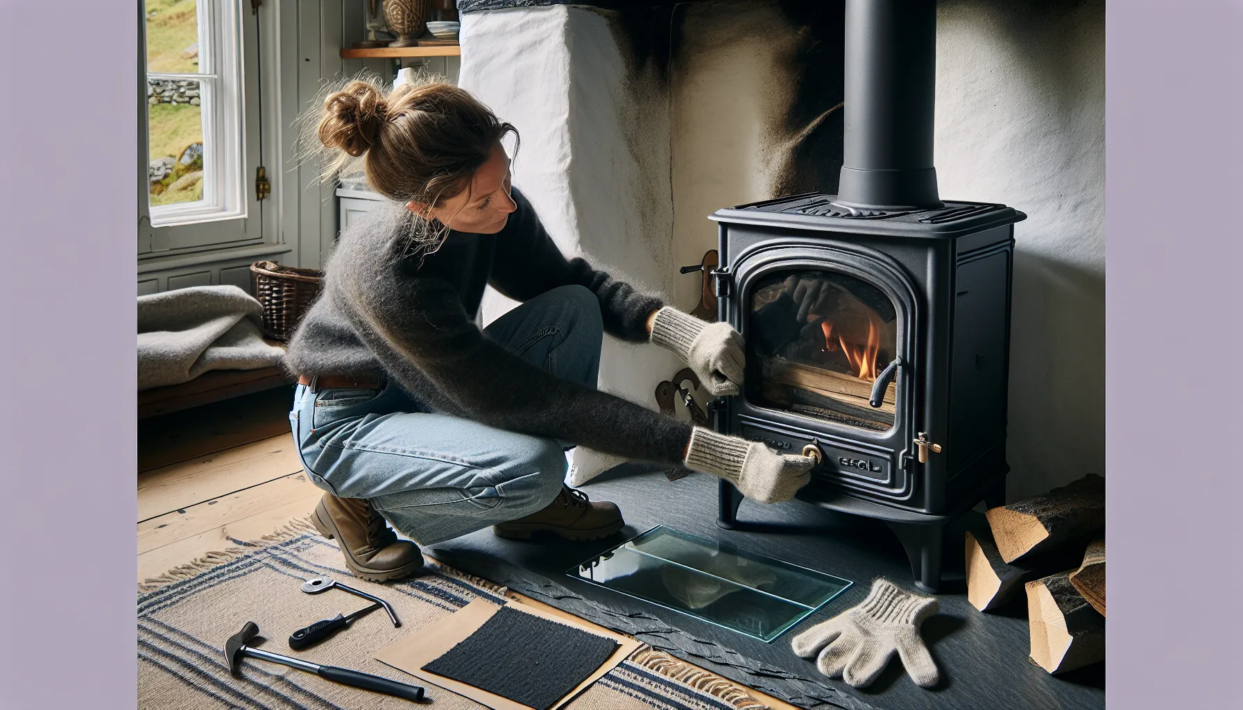 Woman upgrades old wood stove with new gasket, ceramic glass, and firebricks.