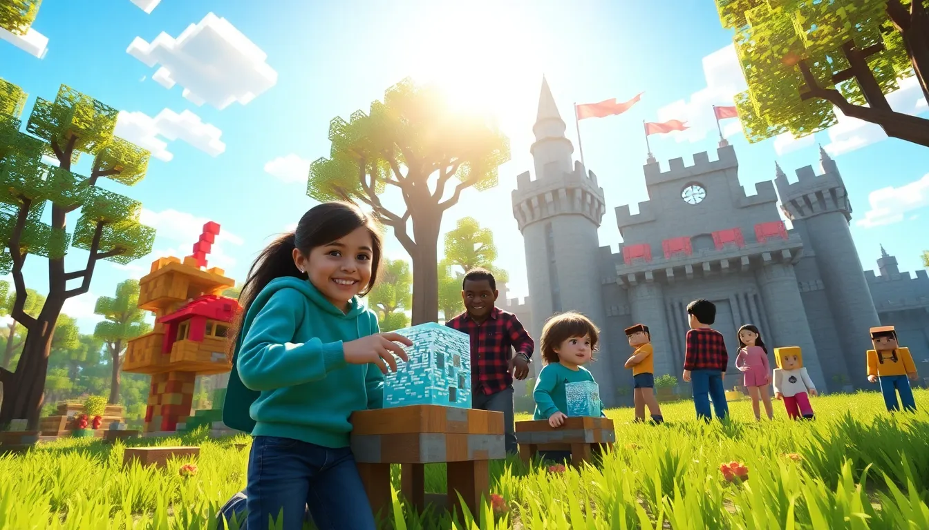 Minecraft players collaborating on building projects in a colorful digital landscape.