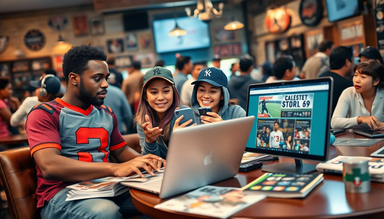 Sports enthusiasts engaging with LatestSportsBuzz.com in a lively coffee shop.