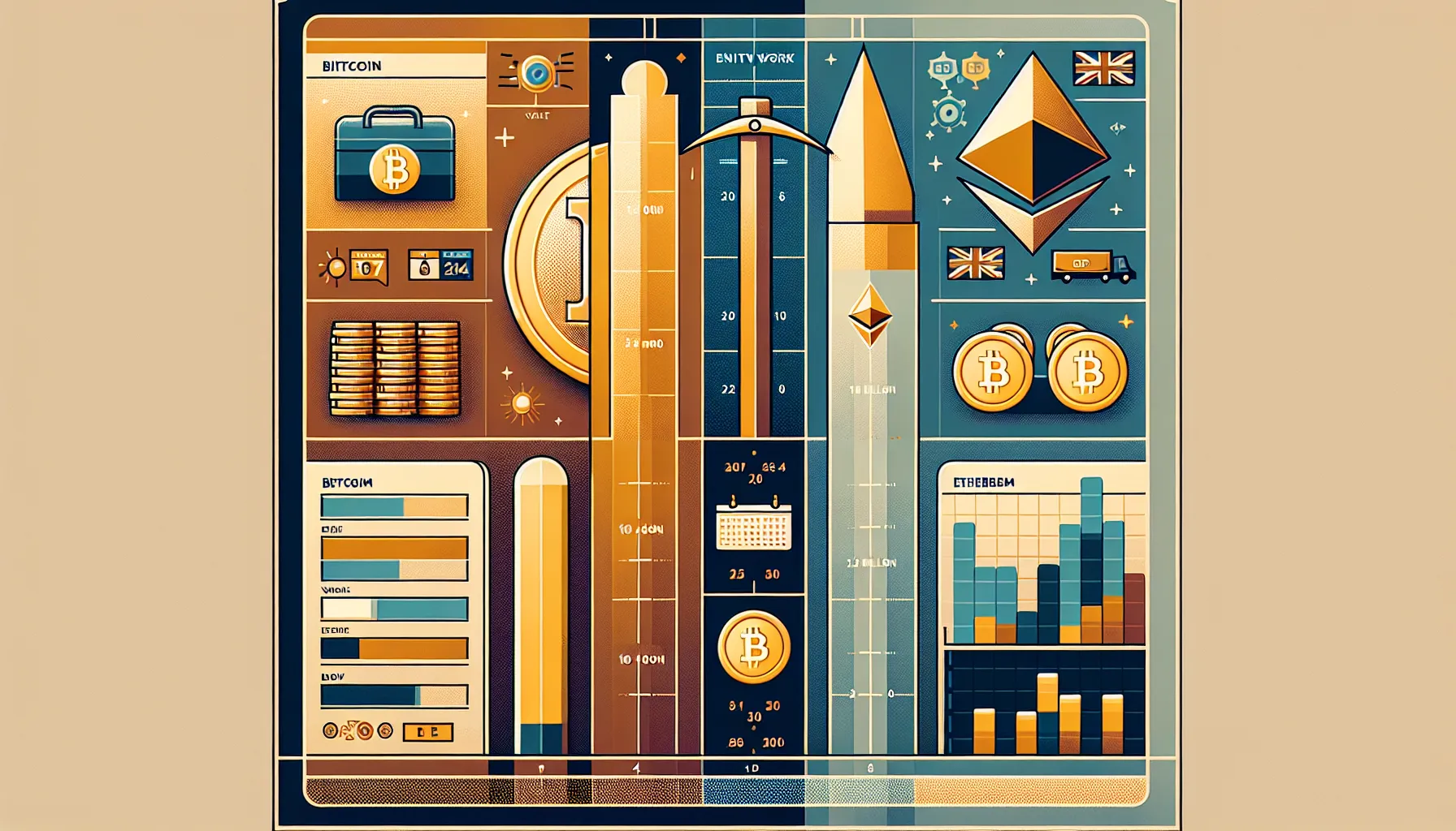 Side-by-side comparison chart of Bitcoin and Ethereum core features and technologies.