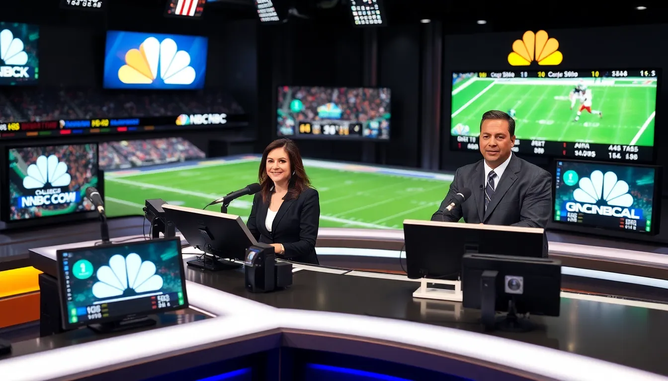 diverse sports announcers in a modern broadcasting studio.