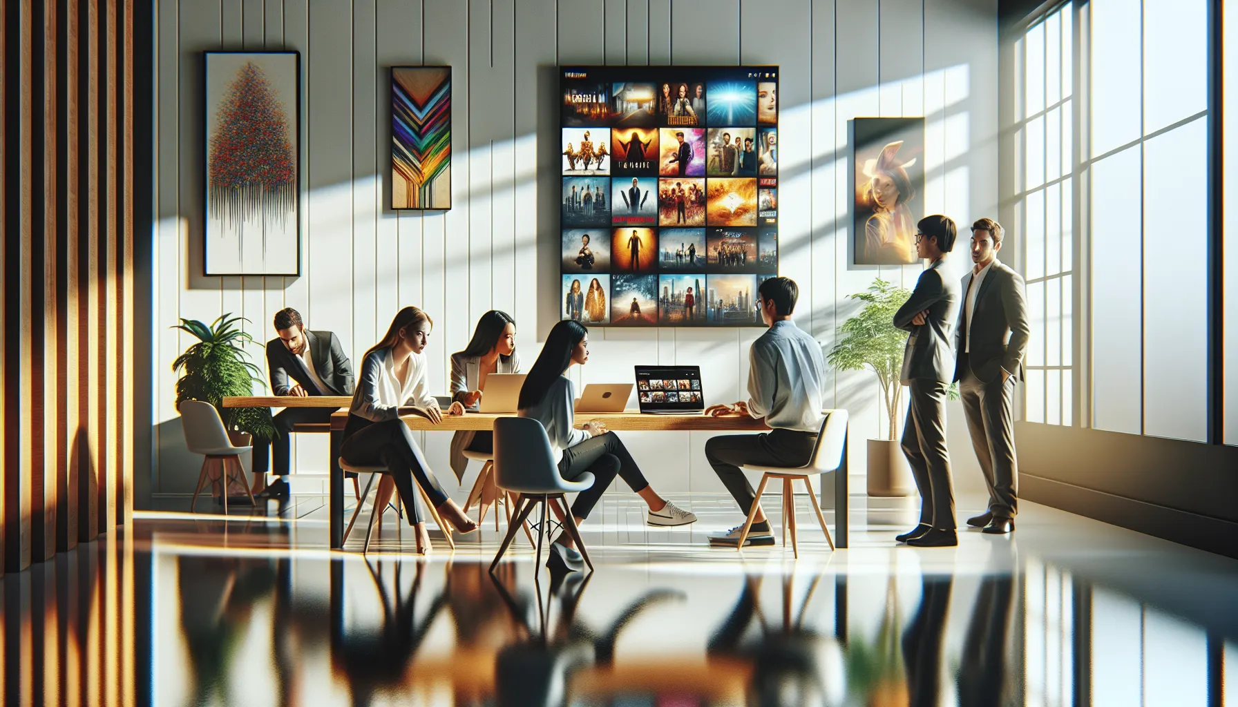 professionals discussing movie streaming alternatives at a modern desk.
