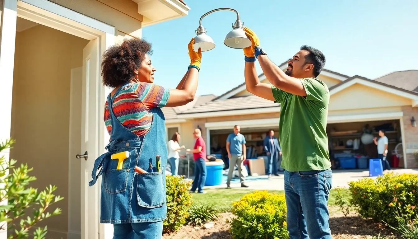 diverse homeowners improving their homes with DIY projects in a suburban neighborhood.