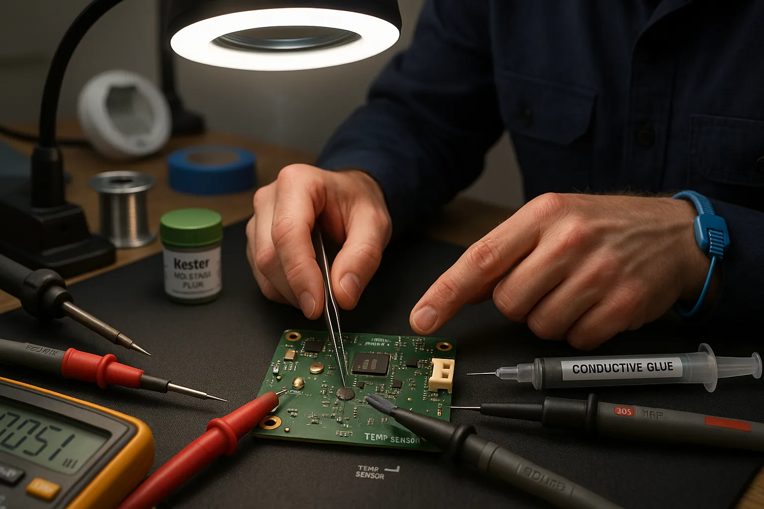 Technician comparing a soldered joint and conductive-glue repair on a smart-home PCB.