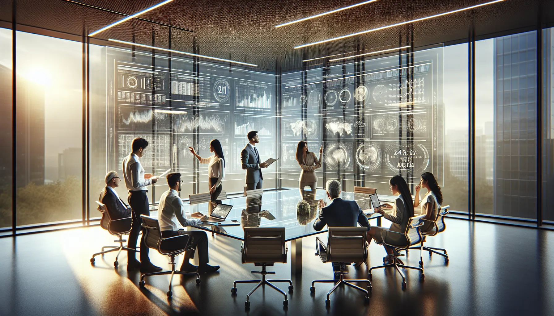 diverse team analyzing data in a modern corporate office.