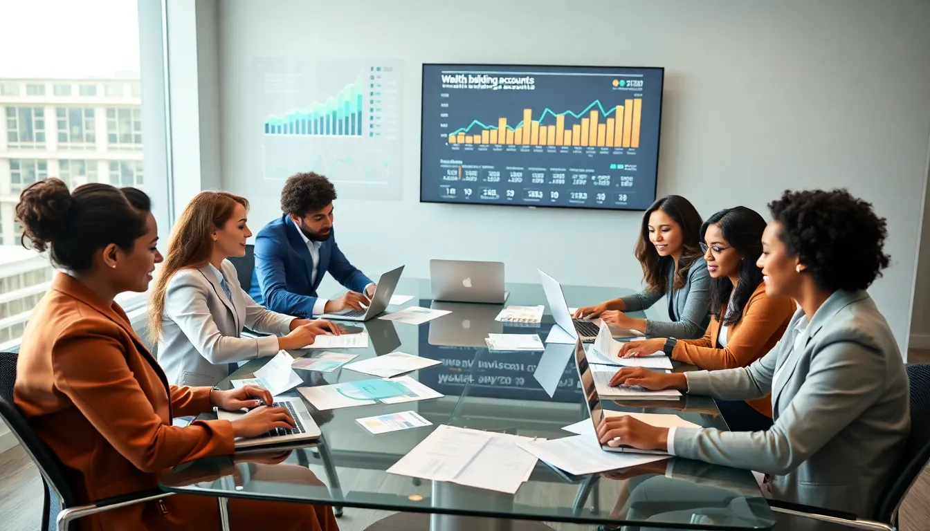 diverse team discussing wealth building strategies in a modern office.