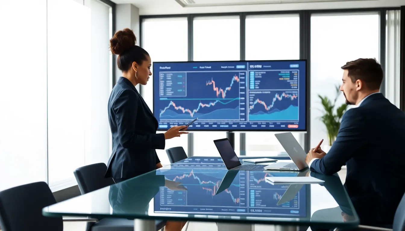 diverse professionals trading cryptocurrency in a modern office.
