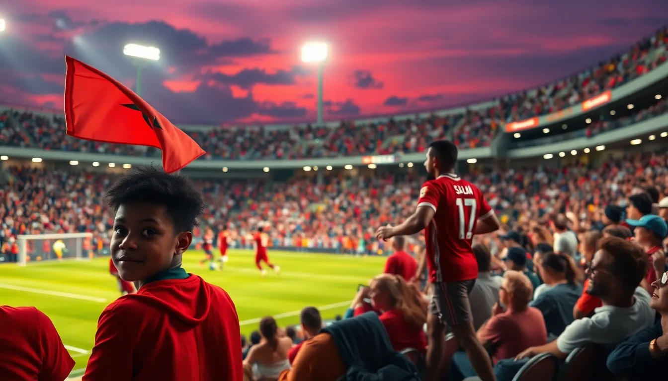 a captivated crowd cheering during a football match in a stadium.