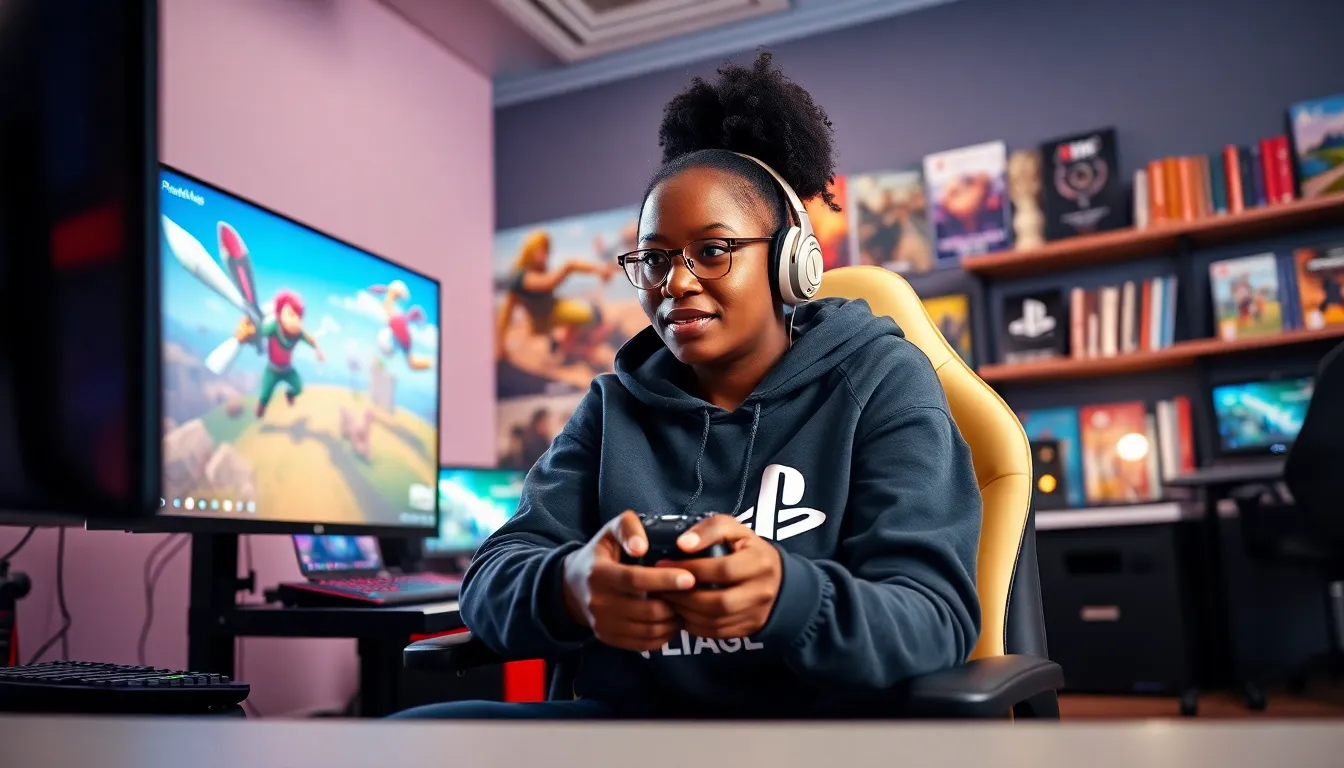 A young woman gaming in a vibrant studio for ImagineerGames.