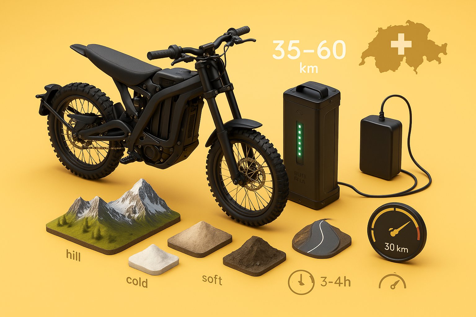 3D render of a Surron electric bike battery, charger, and Swiss alpine range conditions.