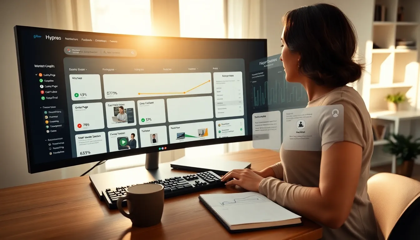 Marketer reviewing Hyros–ClickFunnels attribution flow on widescreen monitor in office.