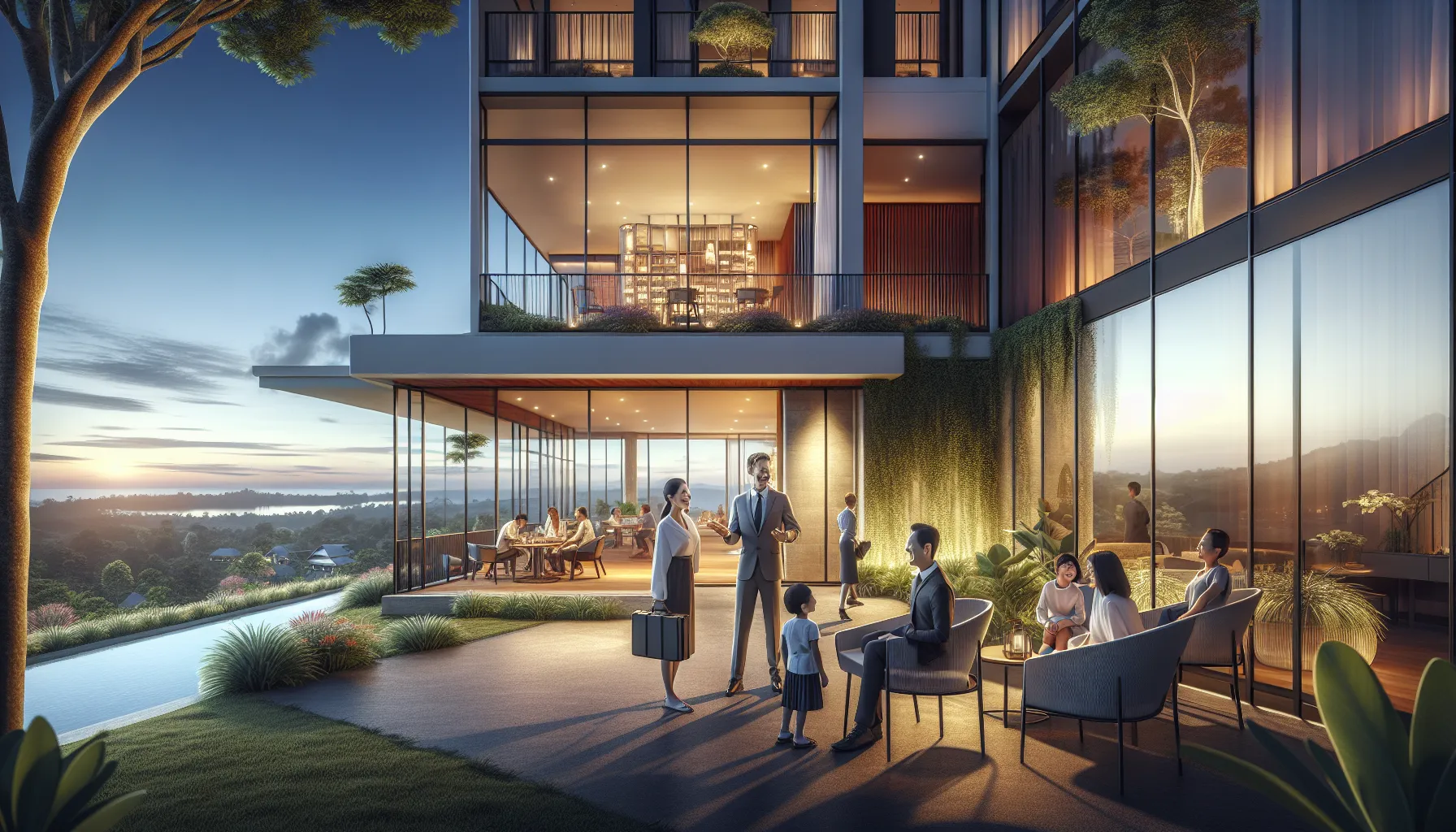 Modern hotel facade with diverse guests enjoying the terrace.