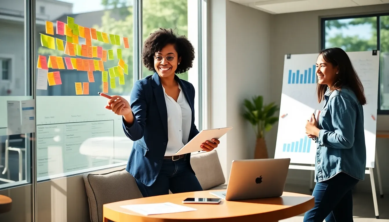 A woman pointing at sticky notes on a glass wall in a light-filled office.