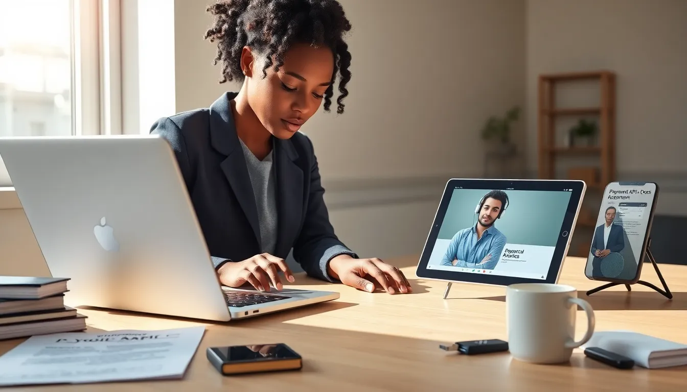 Product lead at desk using APIs, tablet video call, and external hard drive.