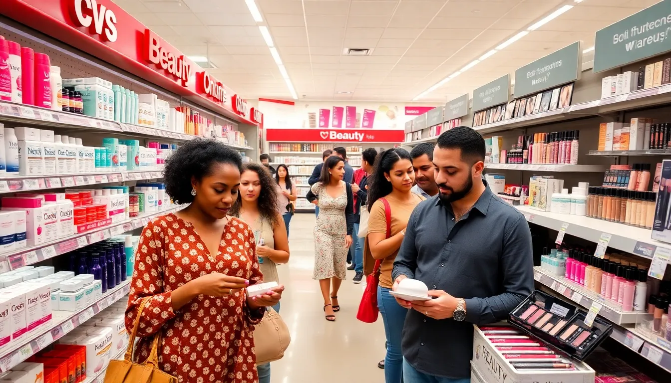 diverse shoppers exploring a modern CVS beauty aisle.