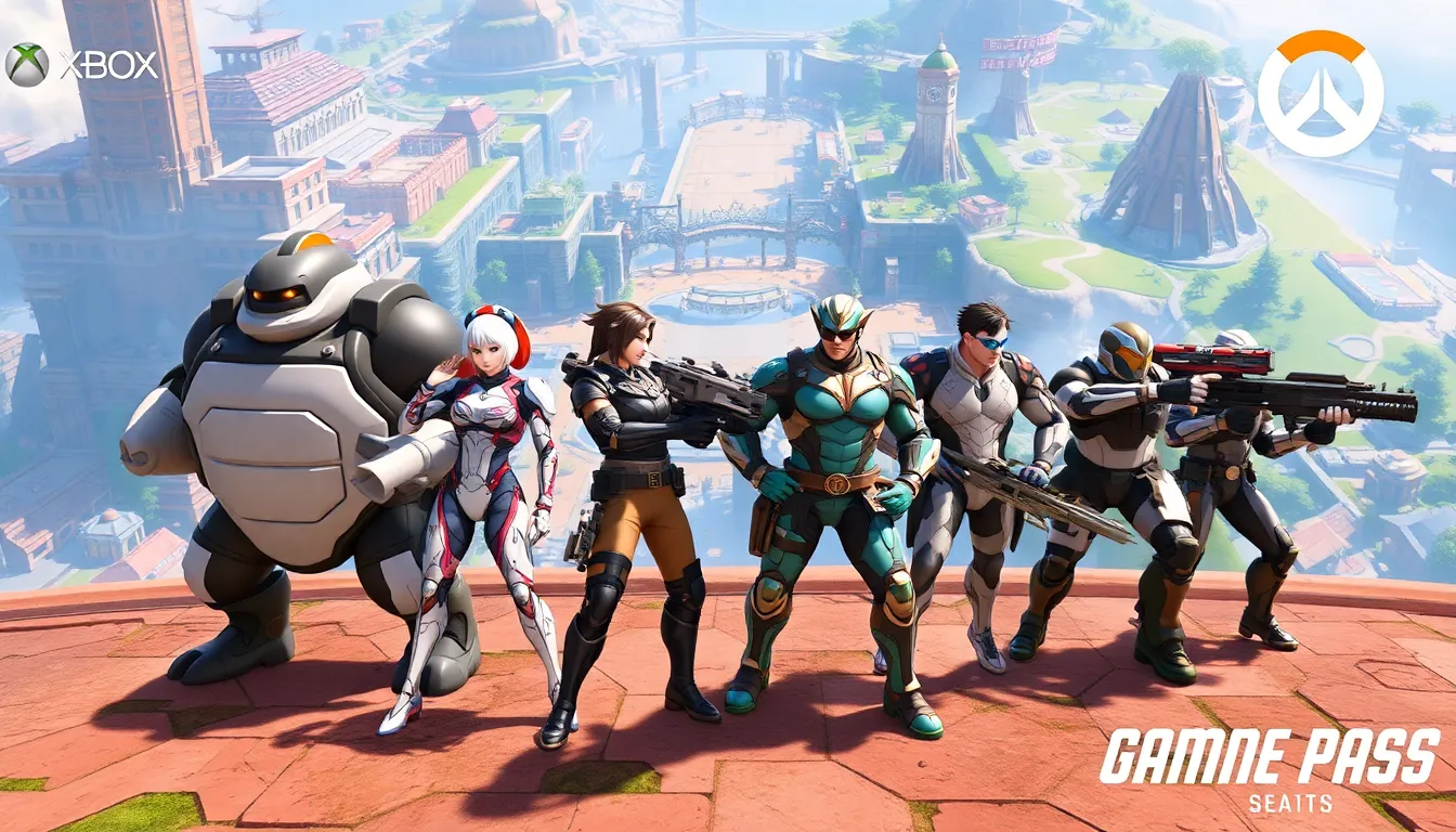 diverse Overwatch heroes in action on a vibrant game map.