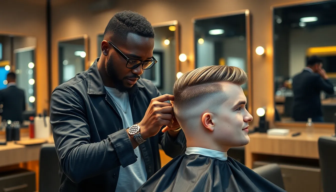 barber giving a mid fade taper haircut in a stylish barbershop.