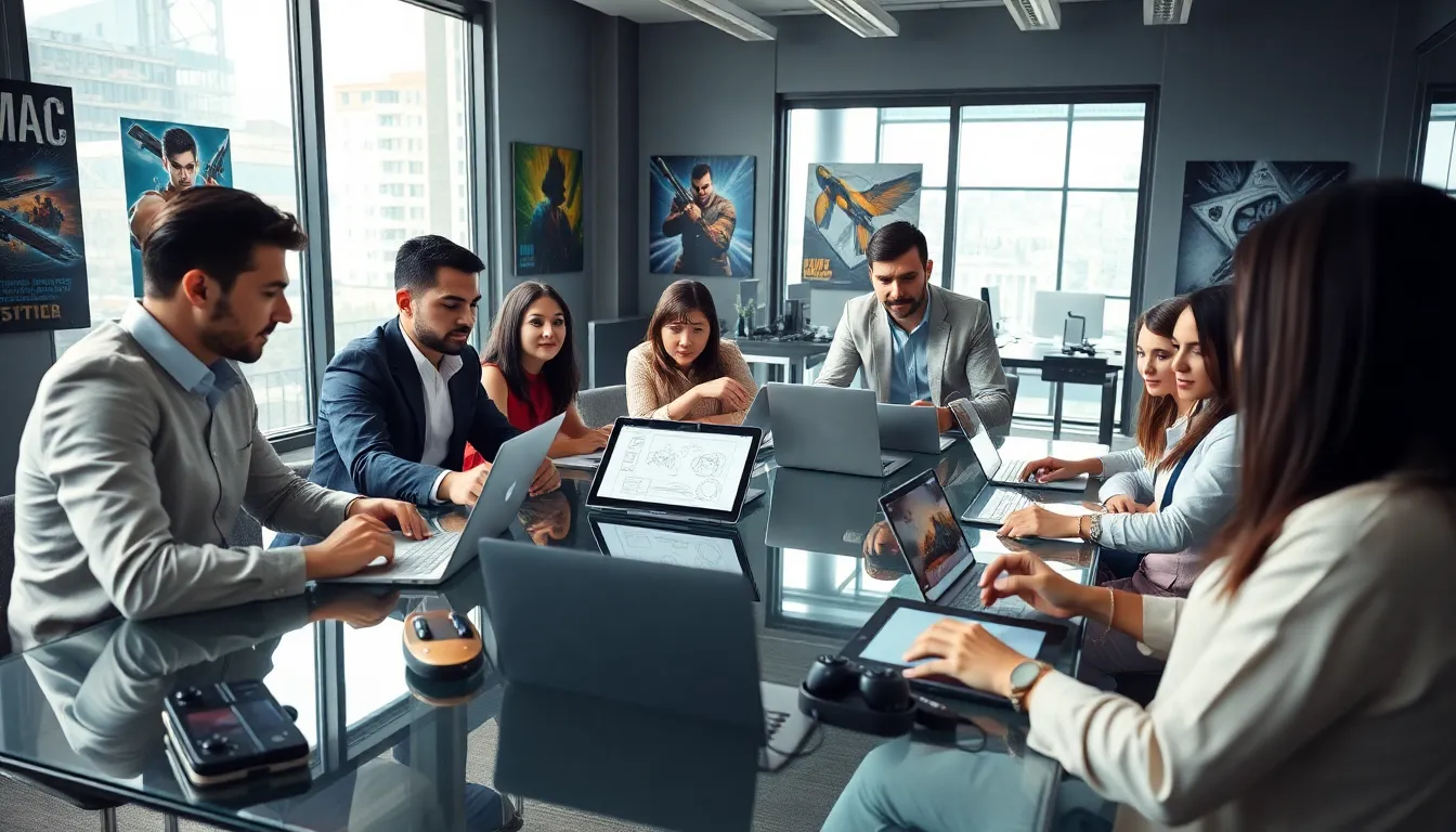 diverse professionals collaborating on gaming innovations in a modern office.