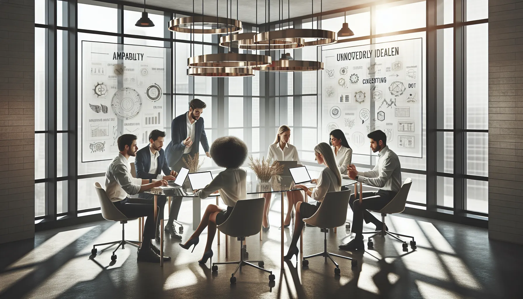 diverse team brainstorming in a modern office.